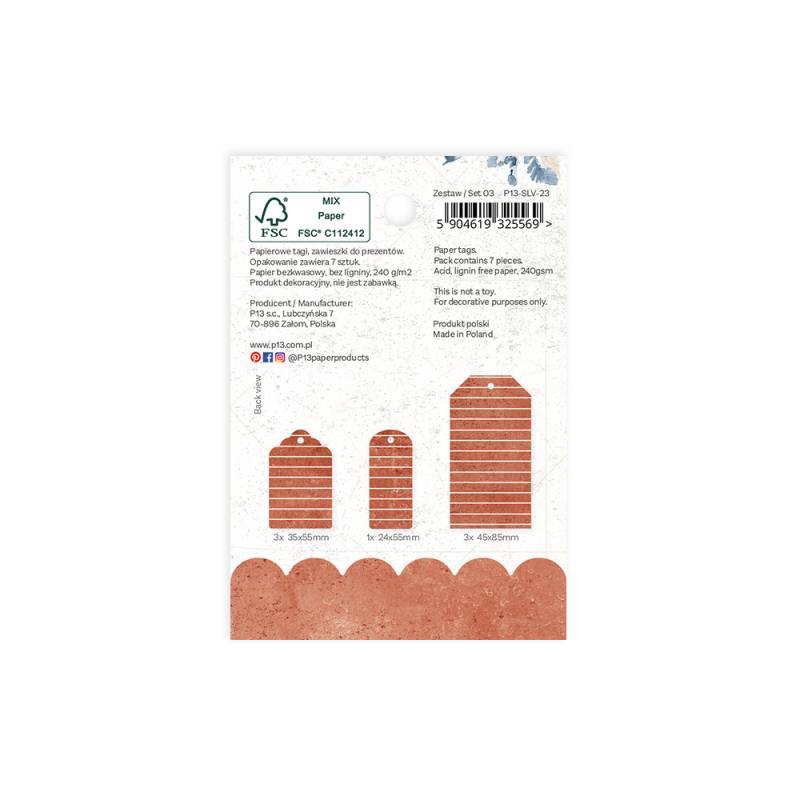 Pacote de etiquetas de papel reciclado castanho com padrões com suporte de cartão branco.