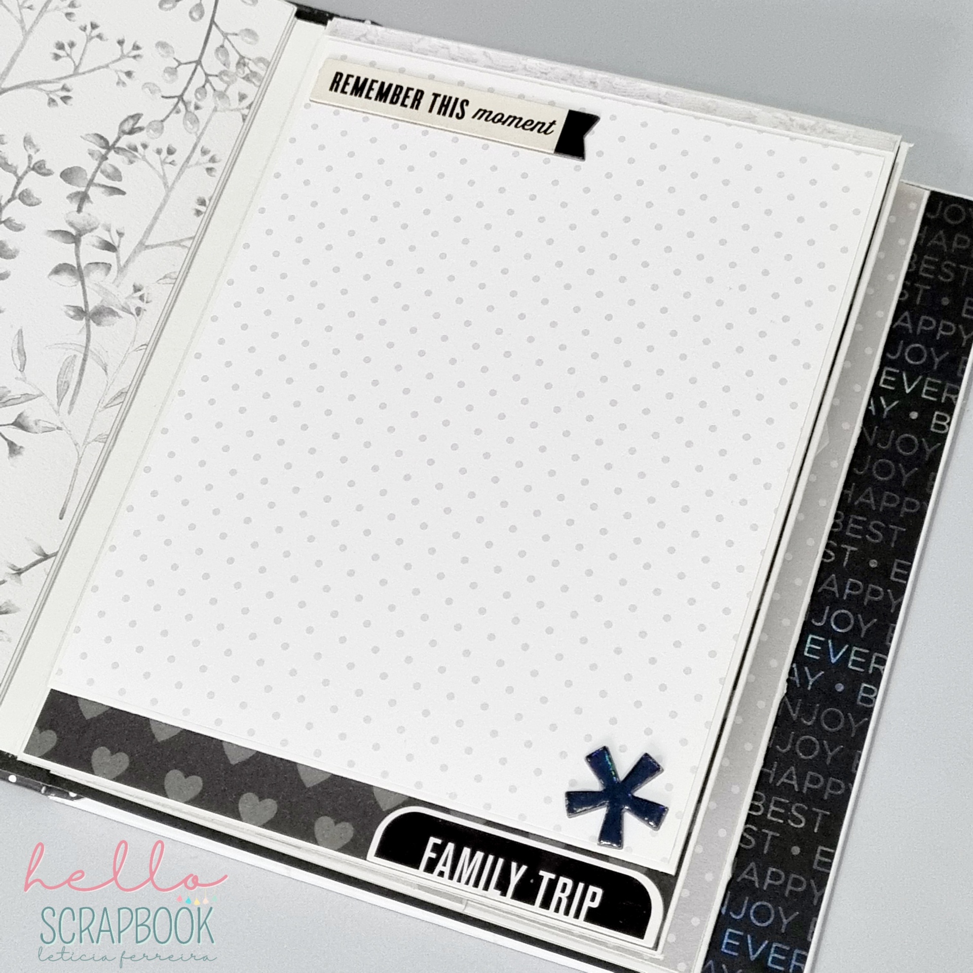 Página decorativa de álbum de scrapbook com texto 