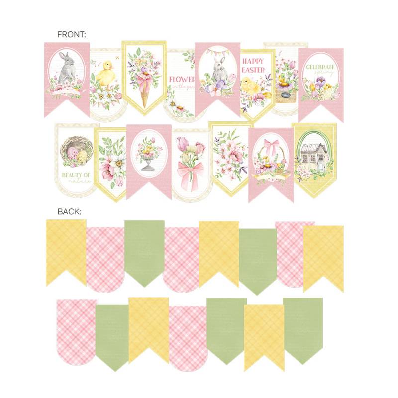 Bandeirolas decorativas coloridas temáticas de Páscoa com ilustrações e padrões neste conjunto.