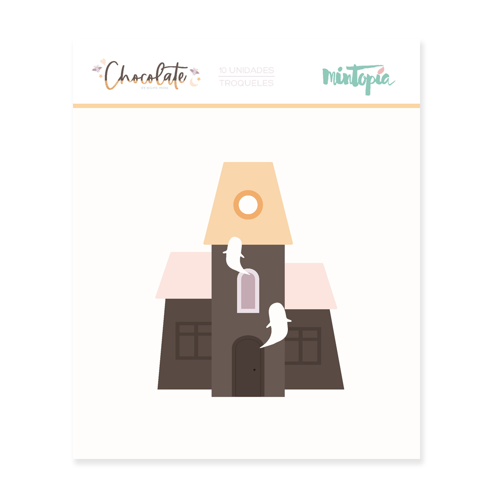 Desenho de casa assombrada com fantasmas e texto Chocolate Minitopes