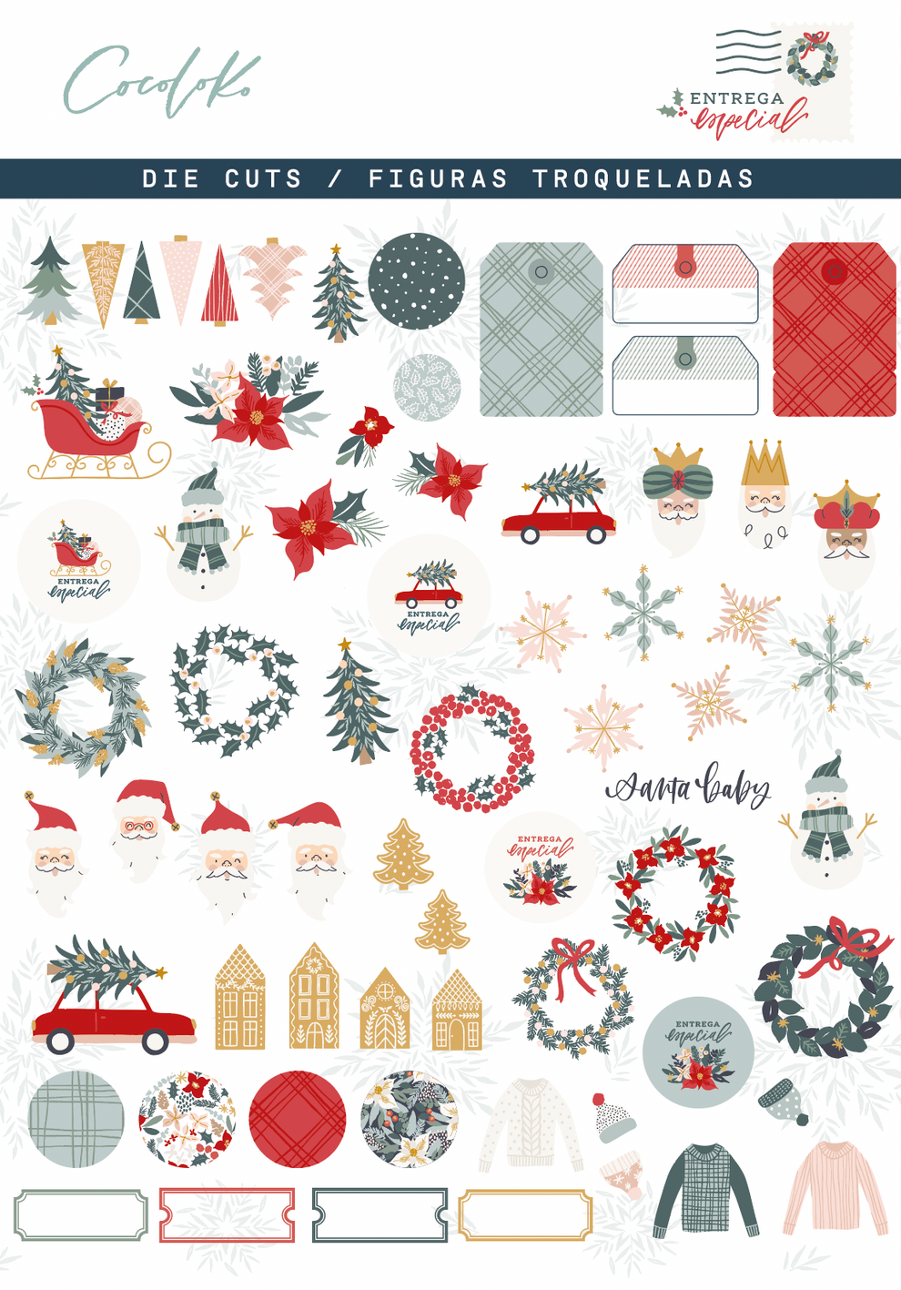 Figuras troqueladas natalícias com motivos de árvore, guirlanda, Papai Noel e flocos de neve