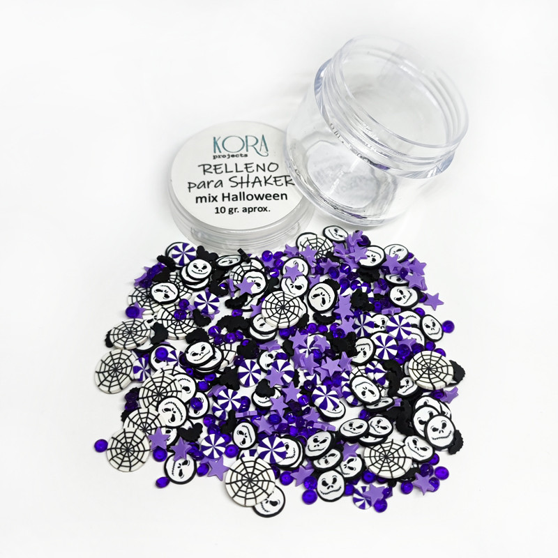 Pote transparente com confetes temáticos de Halloween em preto, branco e roxo