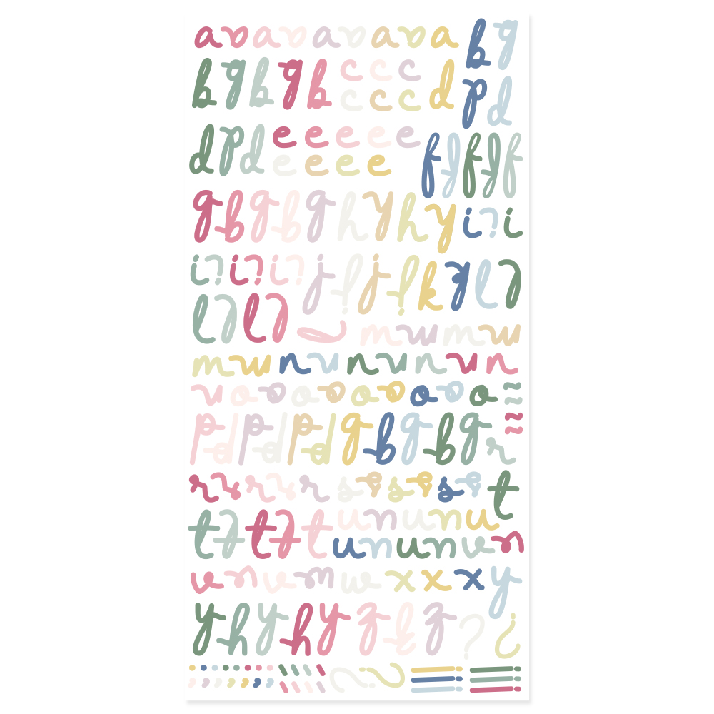 Folha de autocolantes de letras minúsculas coloridas em vários estilos