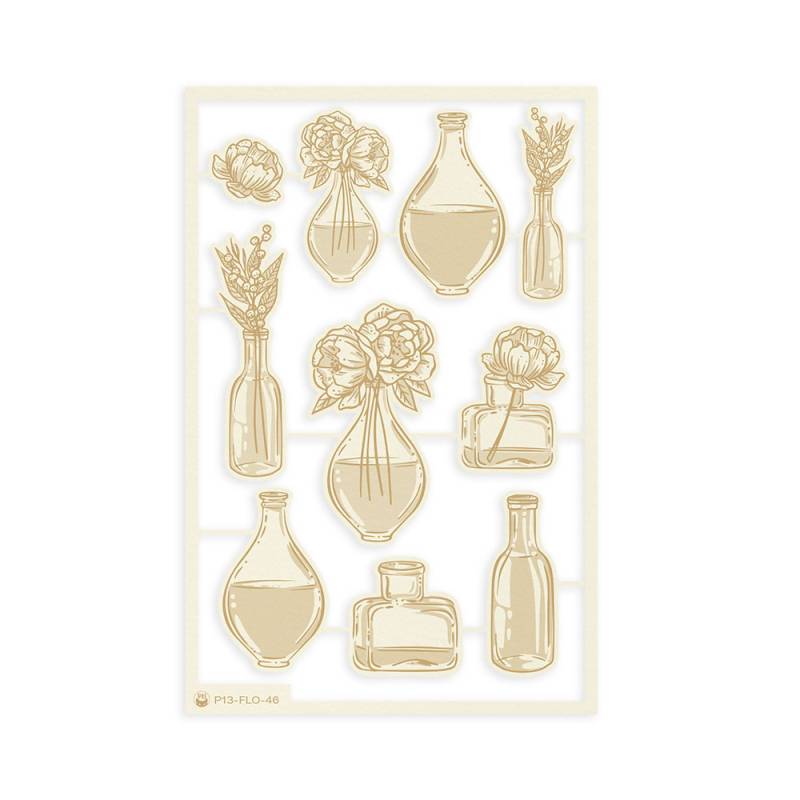 Autocolantes transparentes dourados com desenhos de flores e vasos de vidro