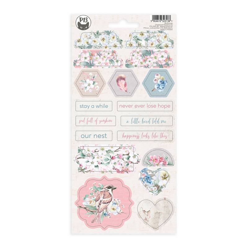 Folha de autocolantes decorativos com flores, pássaros e frases inspiradoras em tons pastel