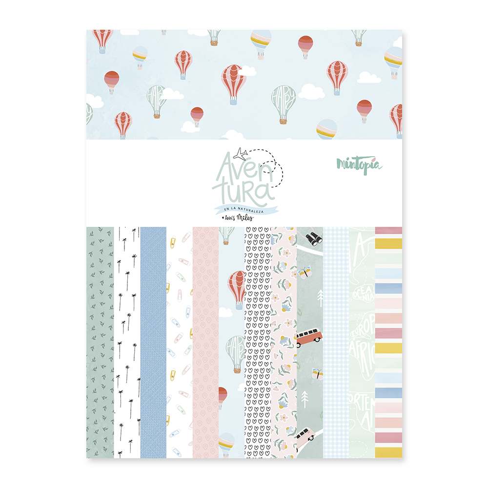 Conjunto de papéis decorativos com padrões coloridos e etiqueta central branca