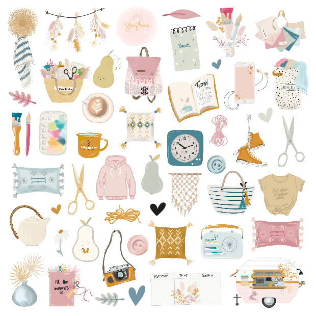 Ilustração colorida de vários objetos de uso pessoal e decoração em estilo aquarela