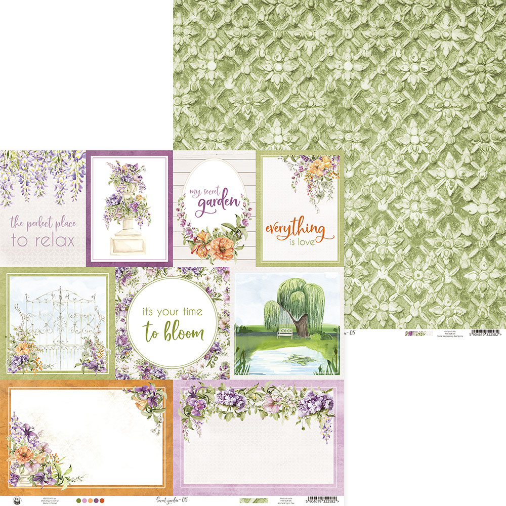 Folha dupla-face de papel de scrapbook com flores e textos em inglês, um lado com ilustrações coloridas e outro com padrão verde