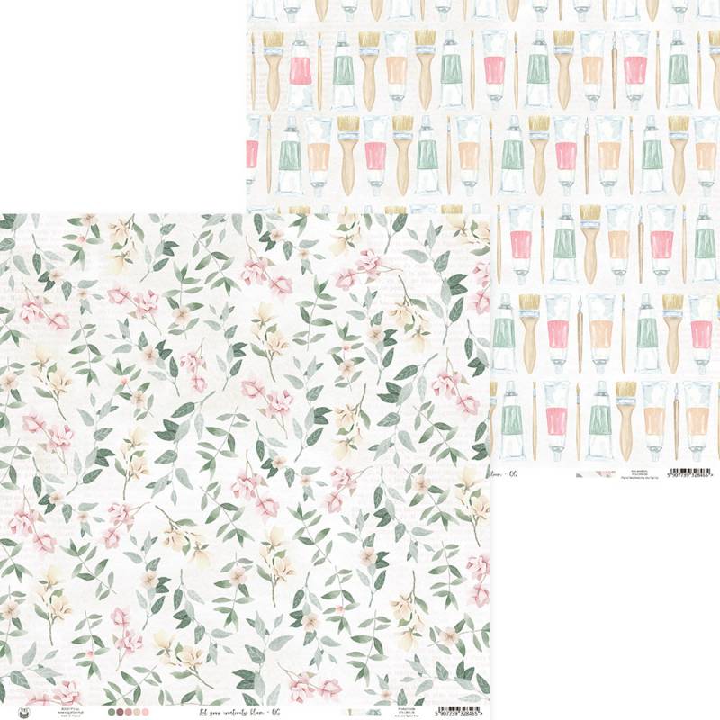 Folhas de papel decorativo com padrões florais e frascos de esmalte de unhas