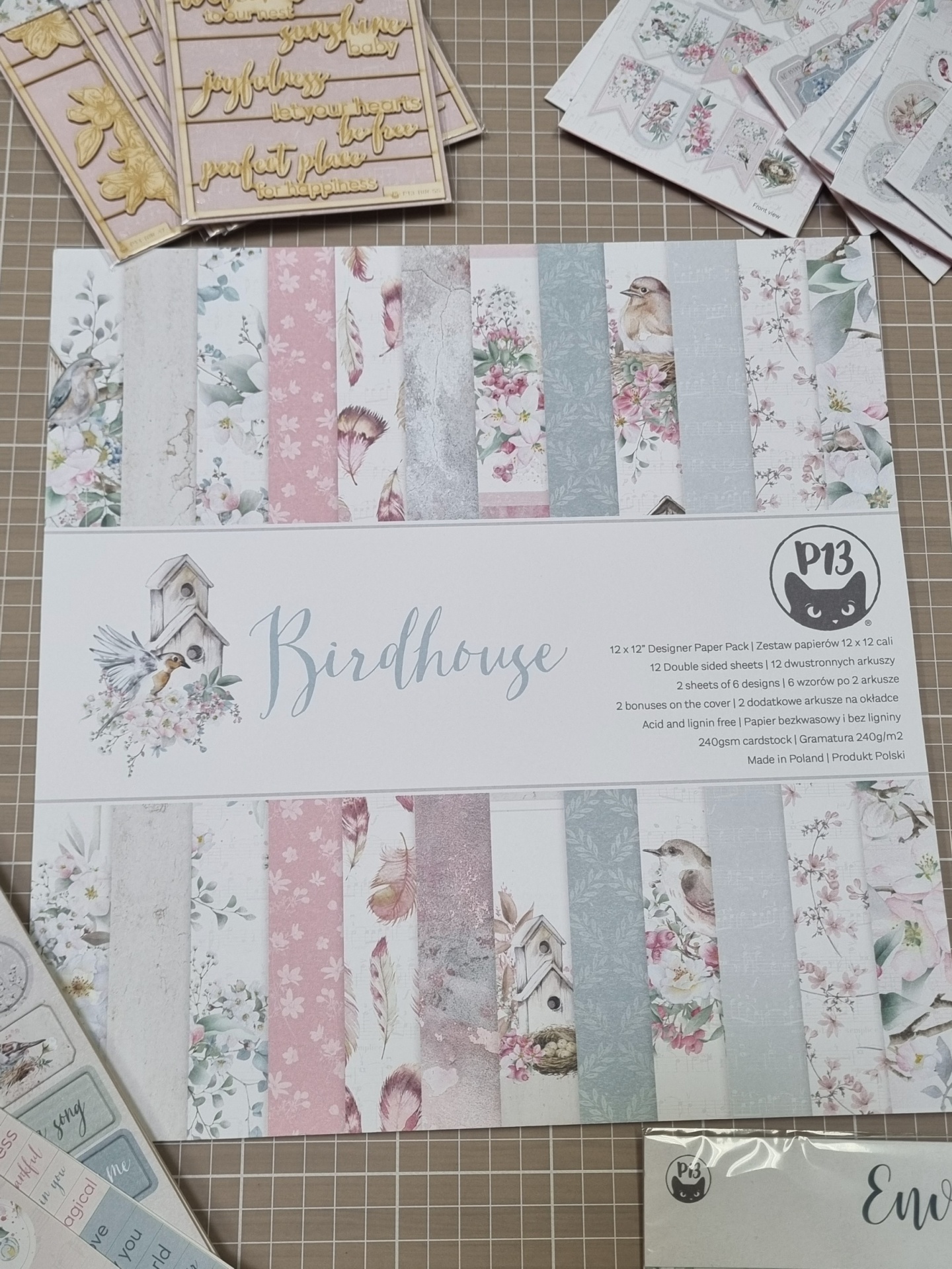 Folhas de papel decorativo para scrapbooking Birdhouse P13 com estampados florais e de pássaros.