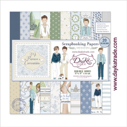 Papel de scrapbook primeira comunhão com desenhos de rapazes e padrões azuis e verdes