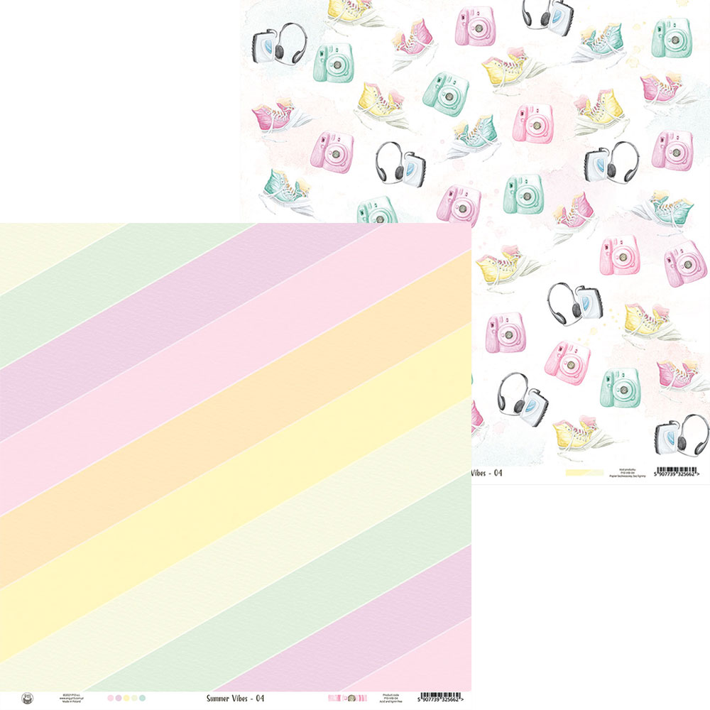 Papel decorativo com padrões de câmaras instantâneas e sapatilhas e riscas diagonais em tons pastel