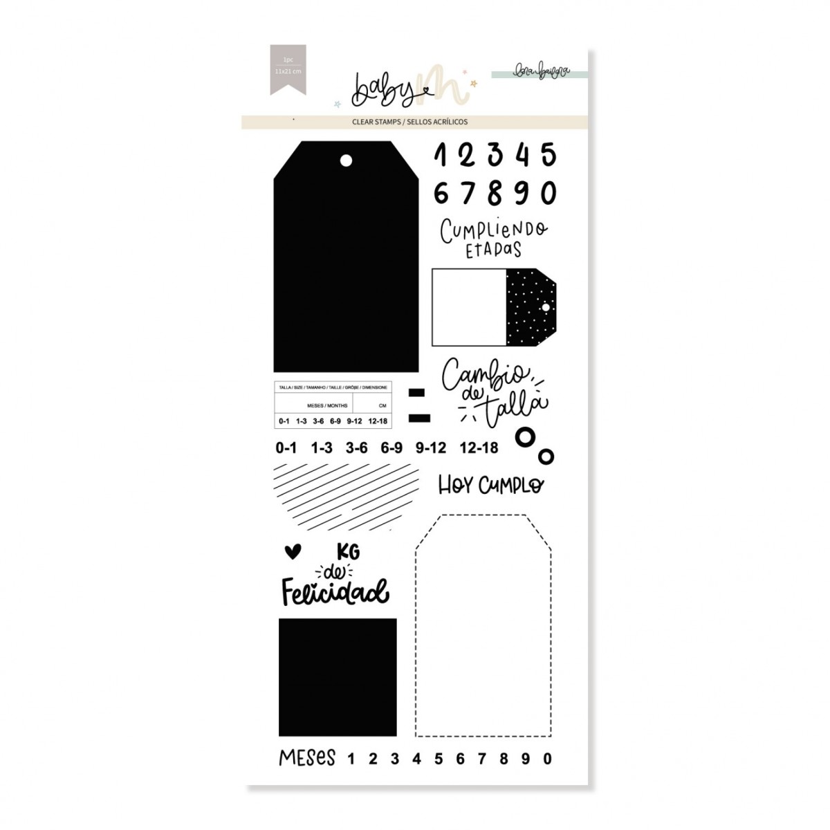 Conjunto de adesivos para bebés com números e frases em espanhol em preto e branco.