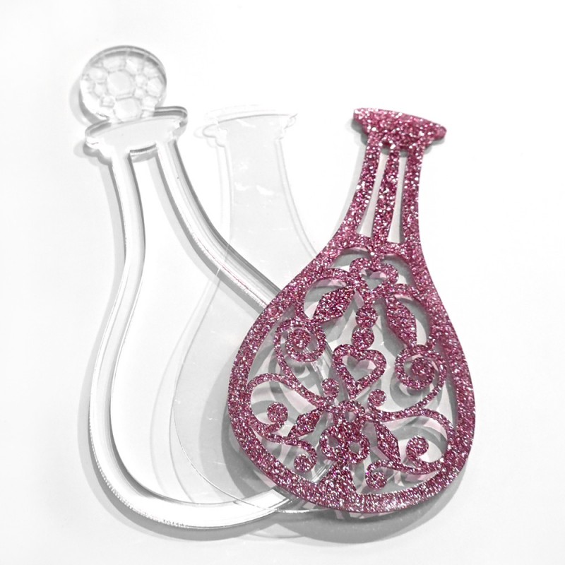 Molde acrílico transparente de garrafa com peça cor-de-rosa brilhante em padrão detalhado