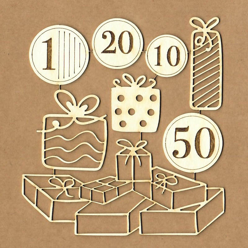 Recortes decorativos em madeira com números e formas de presentes