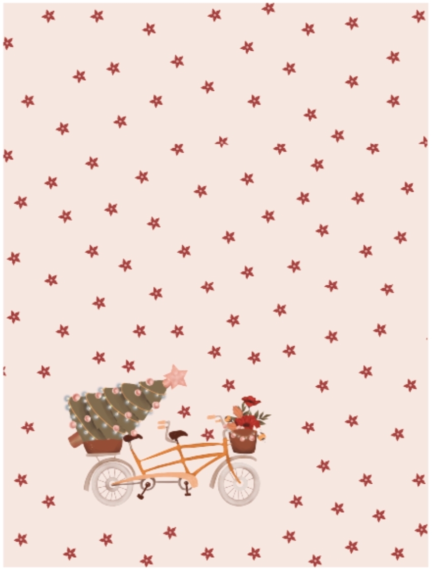 Papel de embrulho rosa com estrelas vermelhas e bicicleta com árvore de Natal