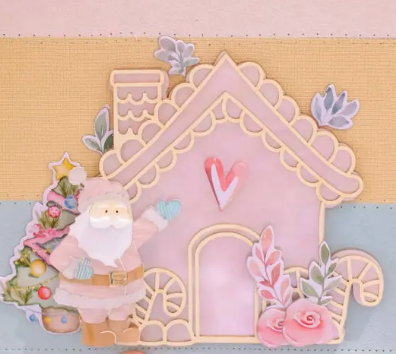 Cartão ou decoração com Papai Noel, casinha rosa e flores em fundo colorido