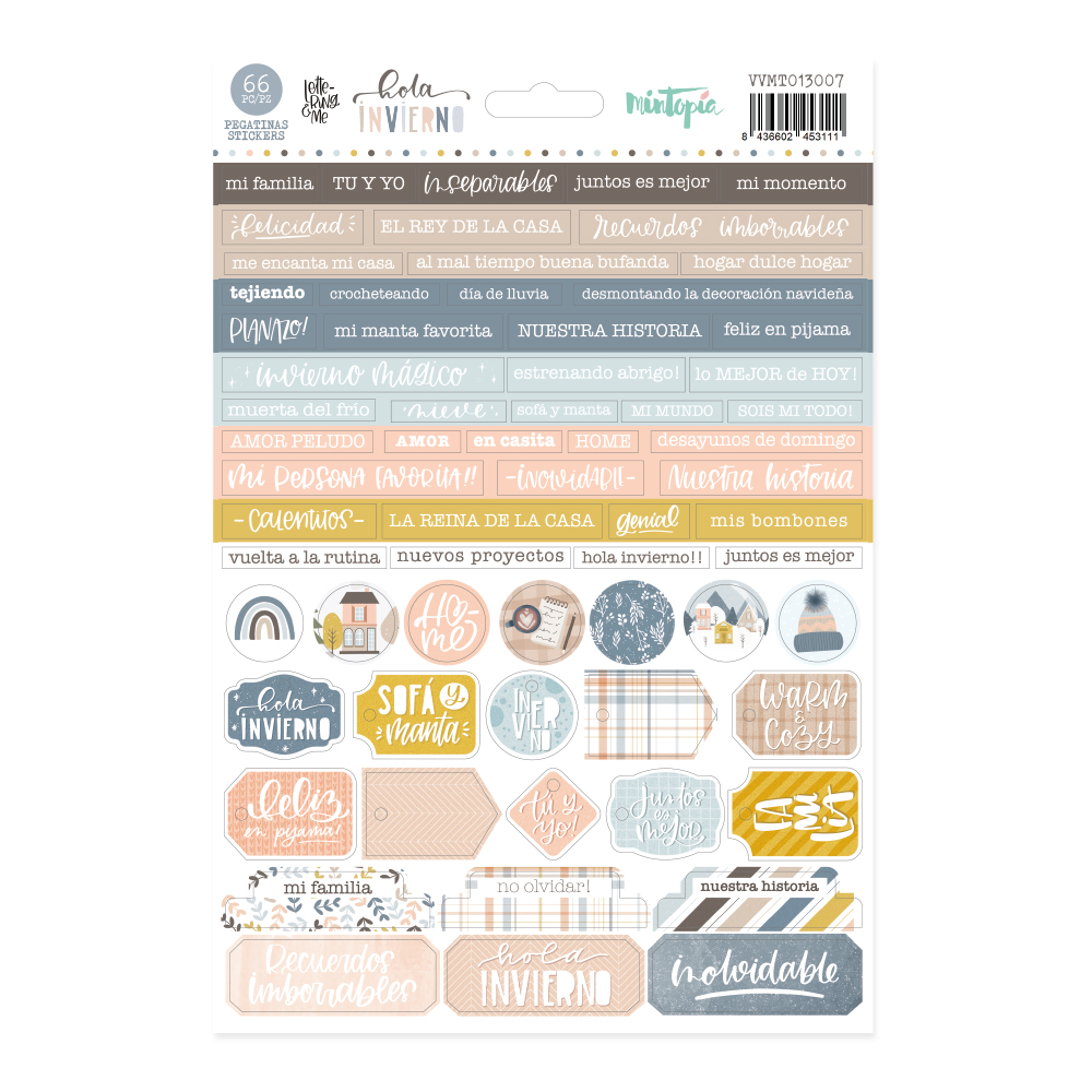 Folha de autocolantes decorativos em cores pastel com frases em espanhol e alinhamento horizontal.