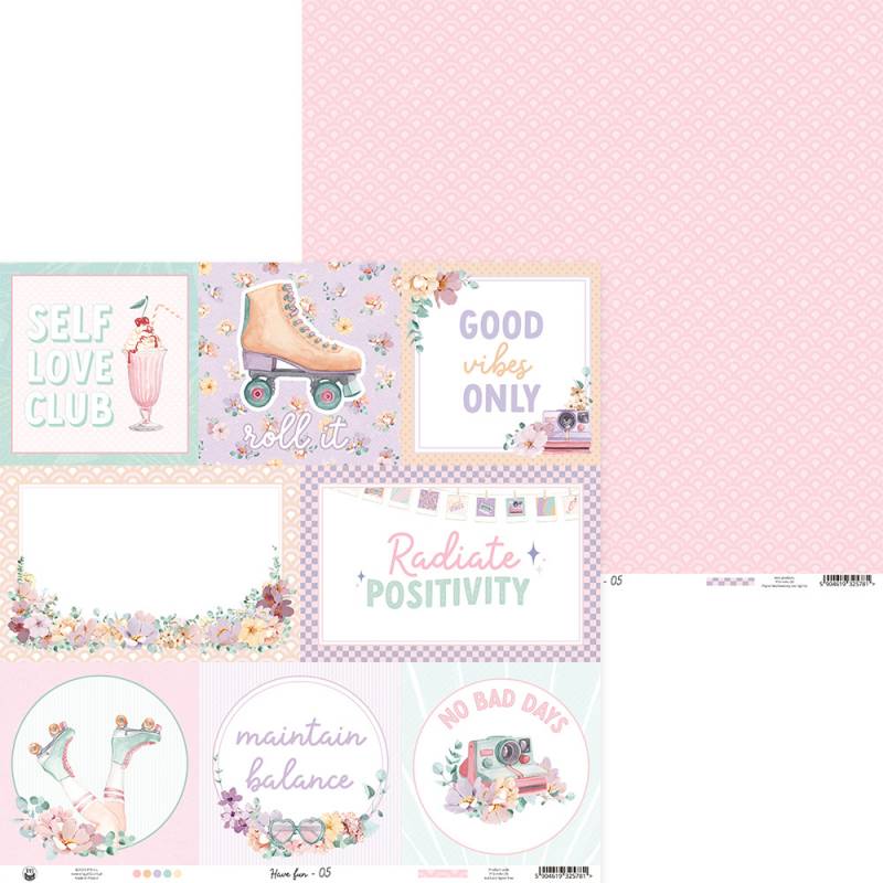 Etiquetas decorativas com frases motivacionais e ilustrações florais e de patins em cores pastel