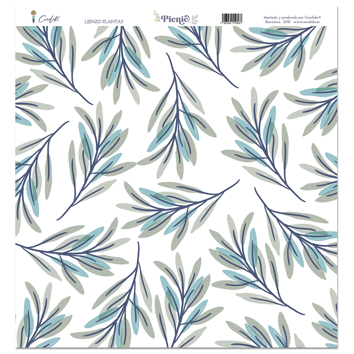 Papel decorativo com padrão de folhas azuis e verdes sobre fundo branco