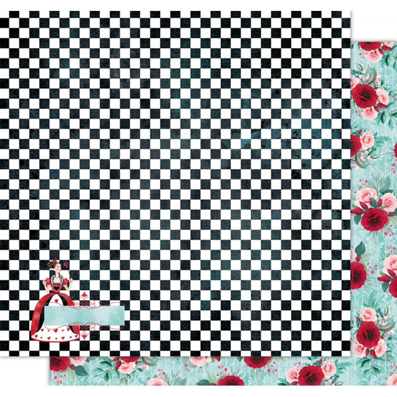 Papel decorativo com padrão xadrez preto e branco, borda floral e ilustração de mulher com saia vermelha