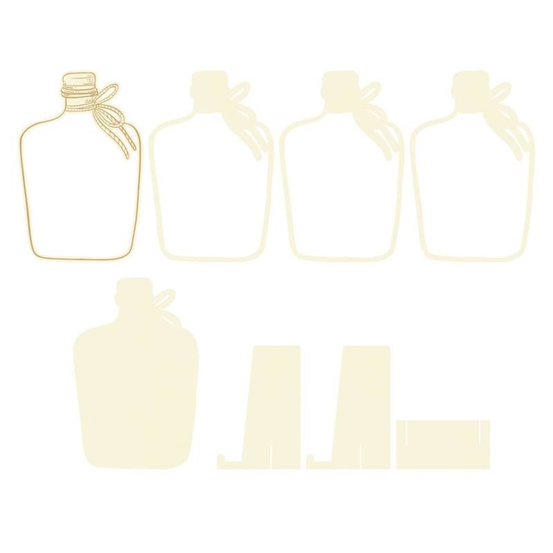 Silhuetas de garrafas minimalistas em dourado e creme com laço no gargalo