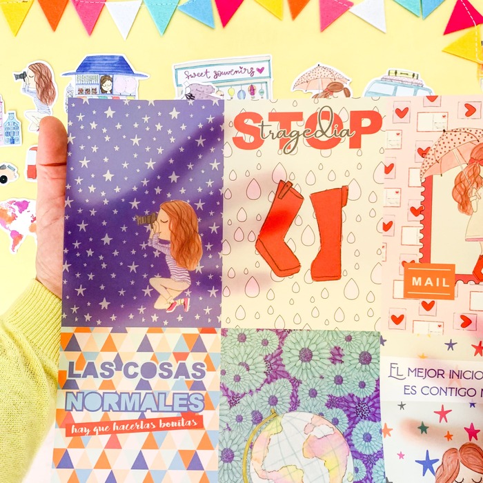 Quatro cartões coloridos com ilustrações e textos em espanhol, incluindo figura feminina, estrelas, meias vermelhas e globo terrestre.