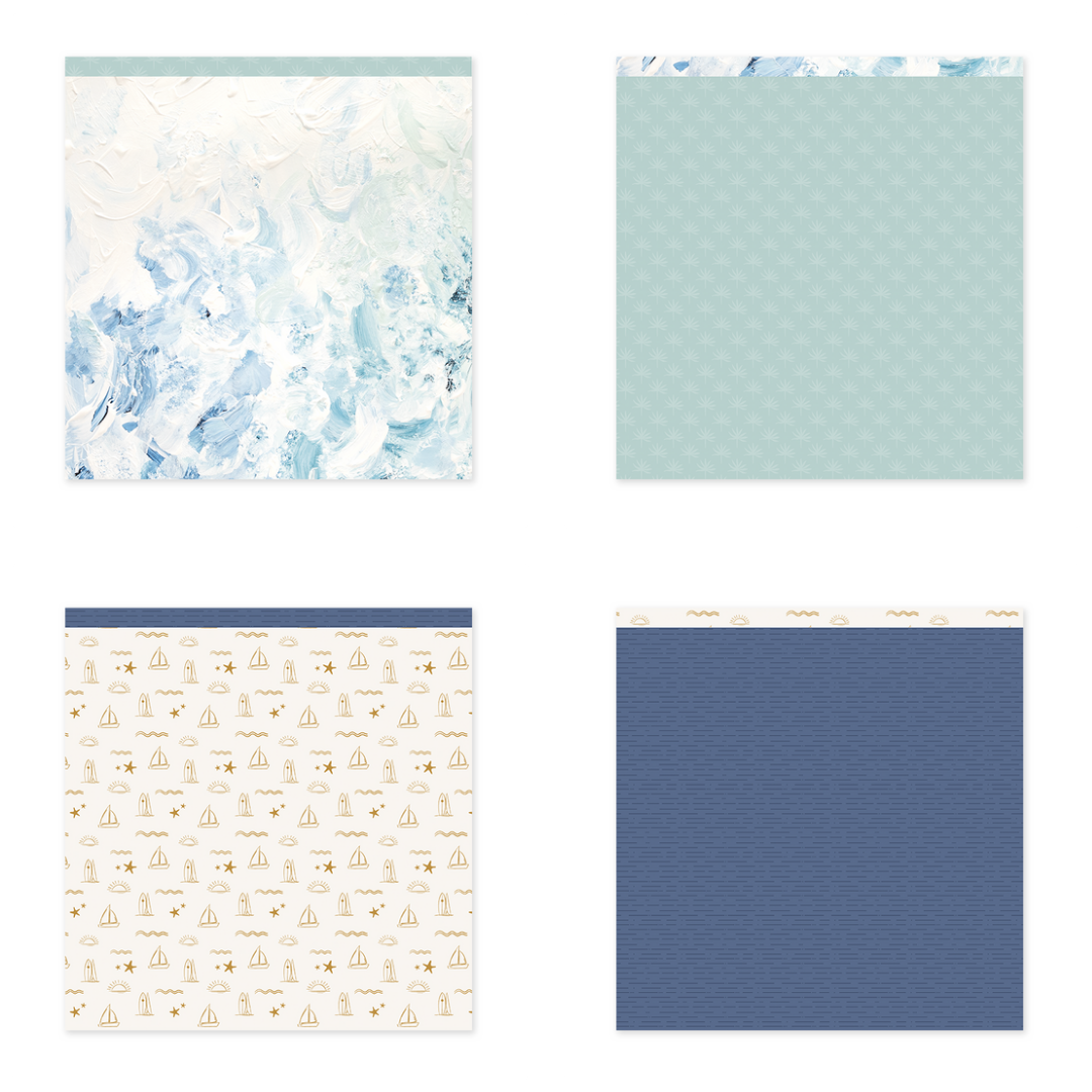 quatro folhas quadradas de papel decorativo para scrapbooking com padrões variados em azul, branco e dourado