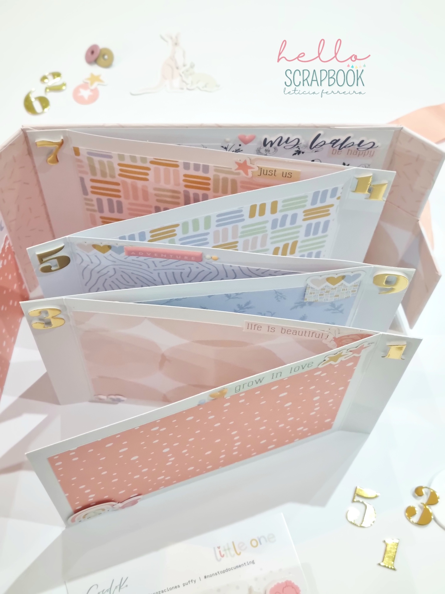 Álbum de scrapbook com páginas coloridas e números dourados, dentro de caixa rosa