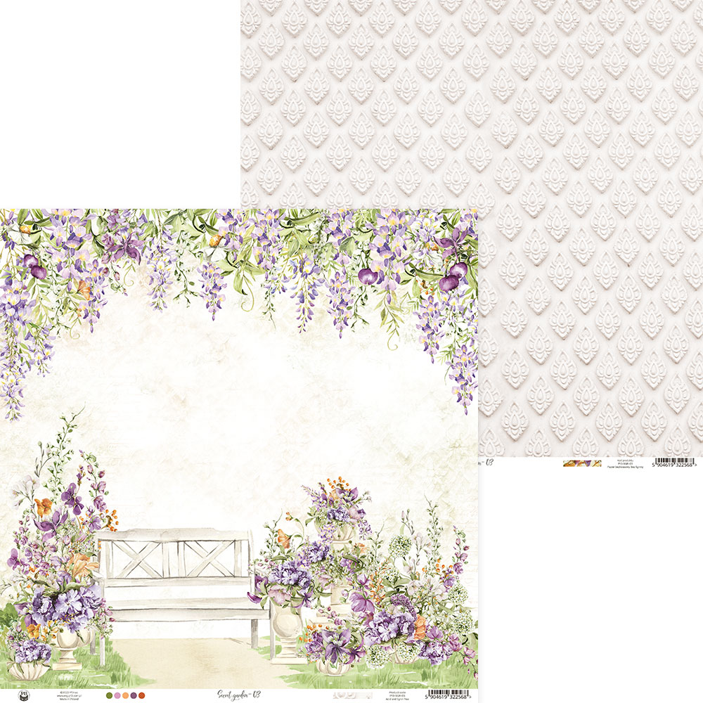 Papel scrapbook frente com banco e flores lilases e verso com padrão de corações em relevo branco