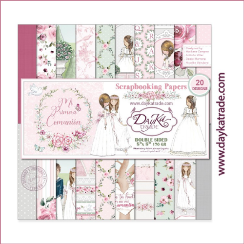Conjunto de papéis decorativos para scrapbooking com tema de primeira comunhão, padrões florais e ilustrações de meninas com vestido branco.