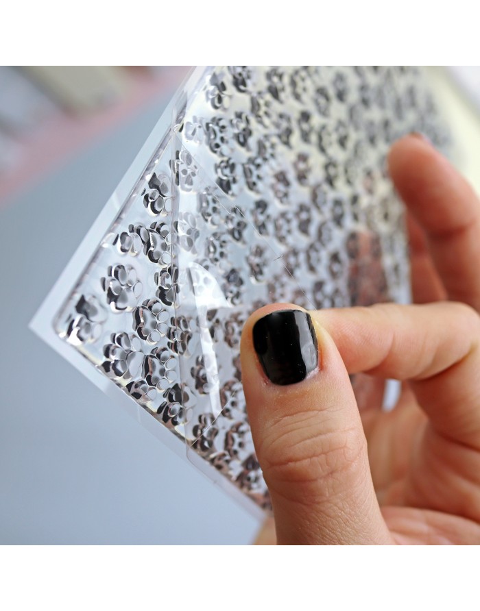Placa transparente com padrão de gatinhos preto e mão com unha preta