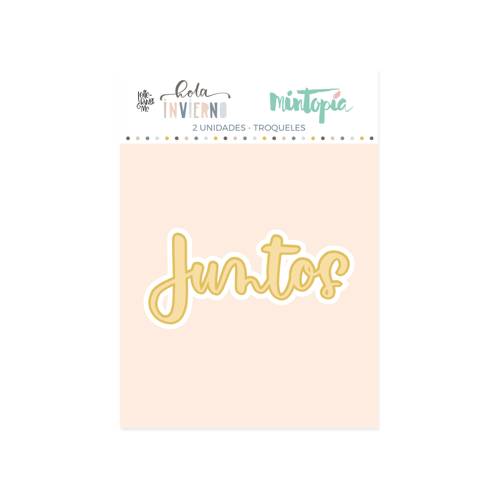 Produto de troquel com a palavra 'Juntos' em amarelo sobre fundo rosa