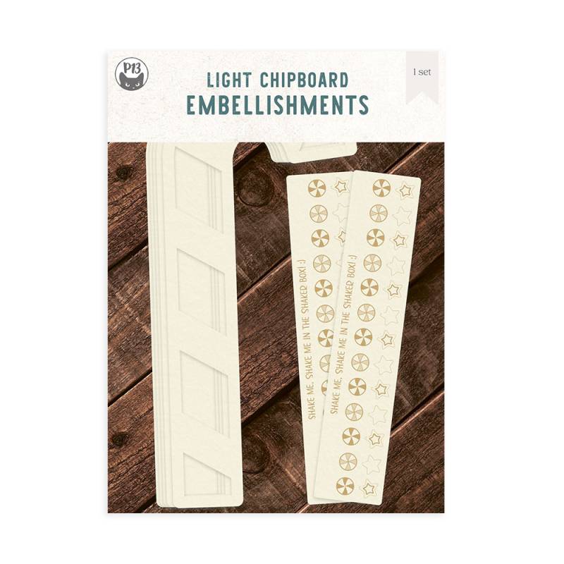 Embalagem de enfeites de cartão leve com padrões e texto