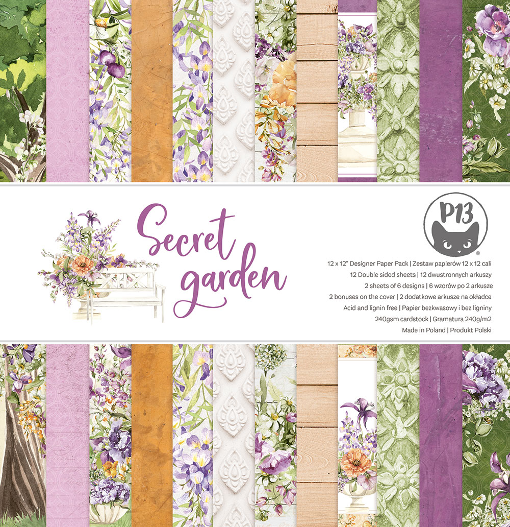 Papel decorativo 'Secret Garden' com padrões florais em várias cores e embalado com etiqueta da marca P13.