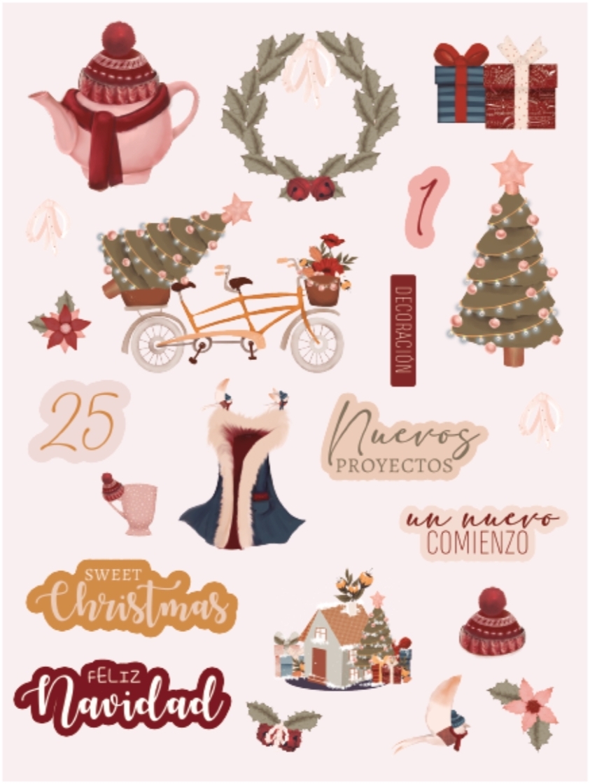 Elementos visuais de Natal com objetos e textos decorativos em espanhol