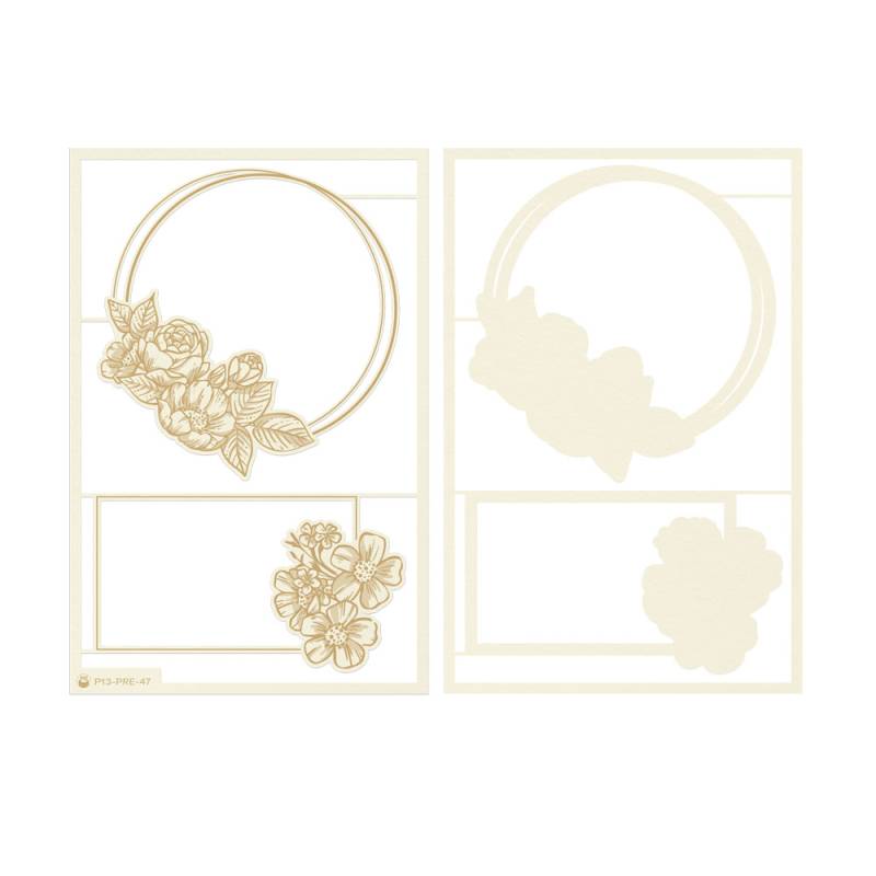 Peças decorativas com flores e círculos dourados em fundo branco