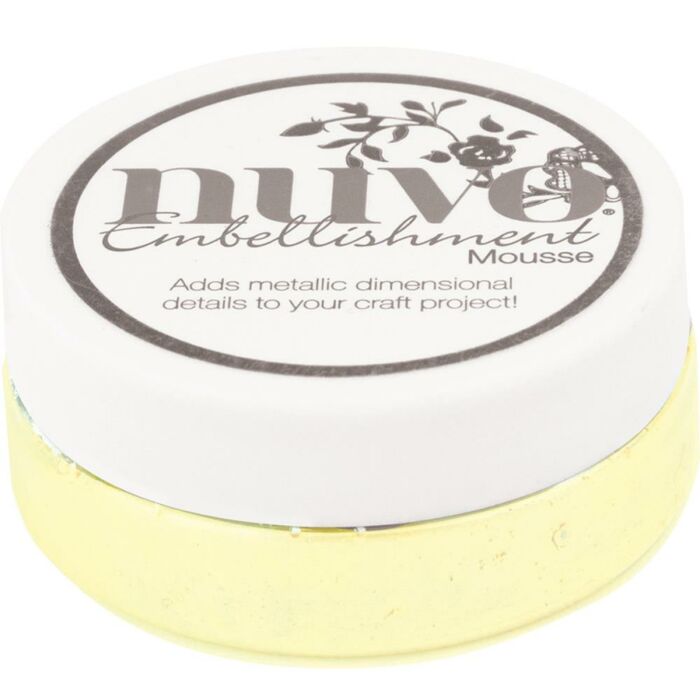 Recipiente Nuvo Embellishment Mousse branco e amarelo claro com texto e decoração