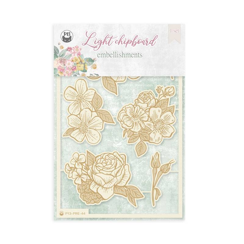 Embalagem de embellishments flores em chipboard bege