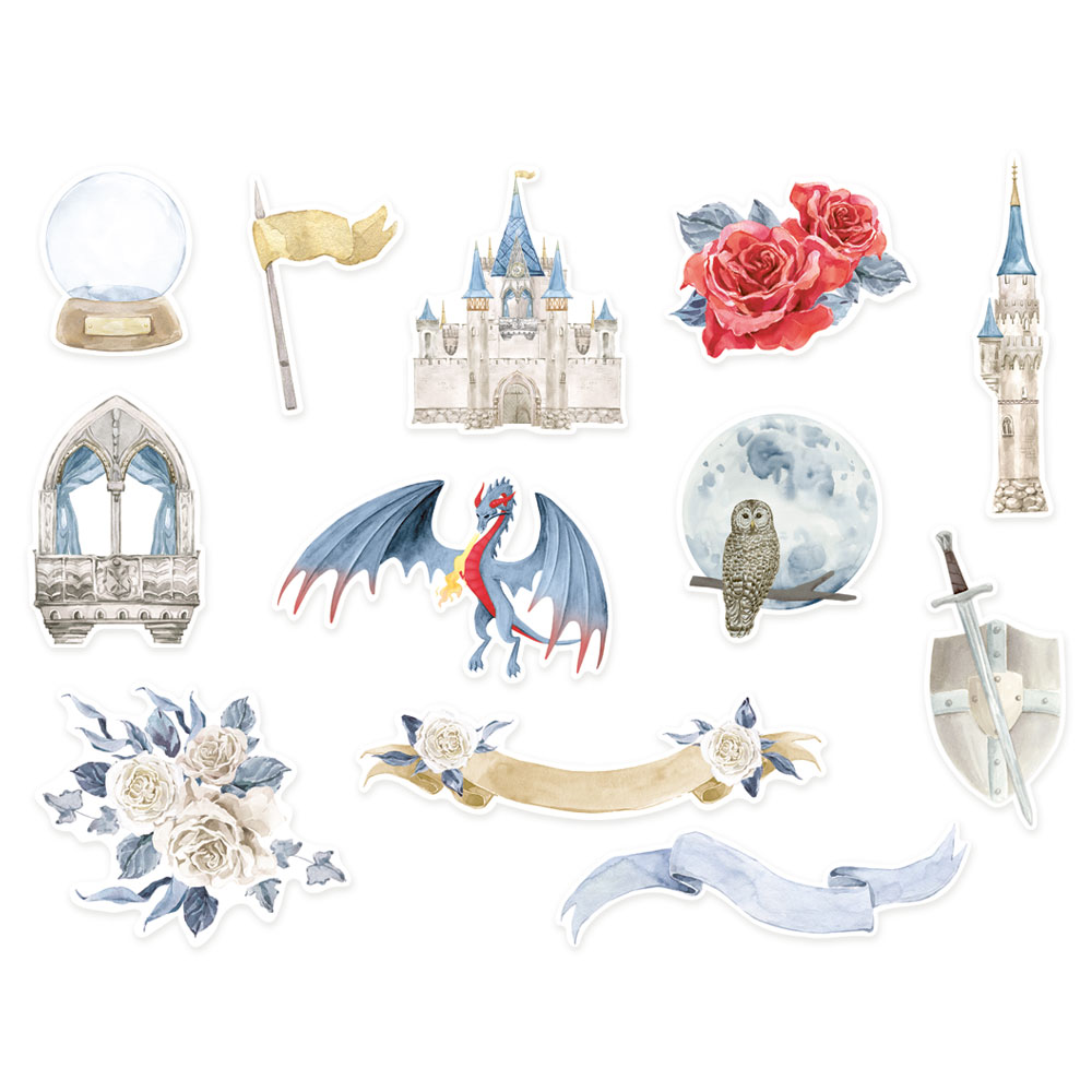 Ilustrações aquareladas de castelos, dragão, coruja, flores, espada e bandeiras em tema medieval e fantástico