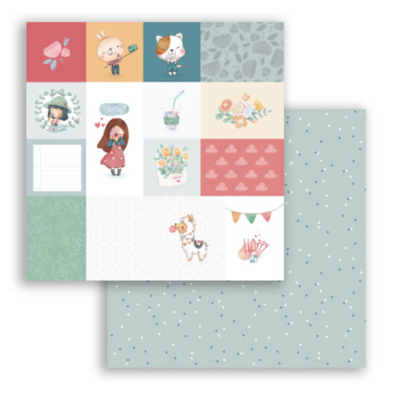 Folhas decorativas de papel com ilustrações infantis e padrão de estrelas