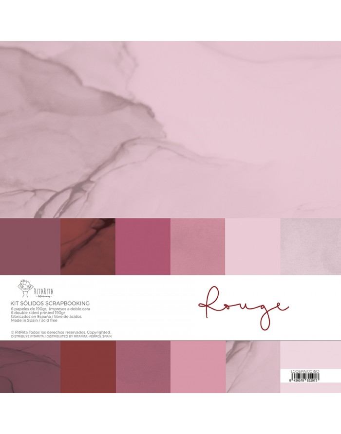 Kit de folhas para scrapbooking em vários tons de rosa e vermelho com texturas mármore e manchas.