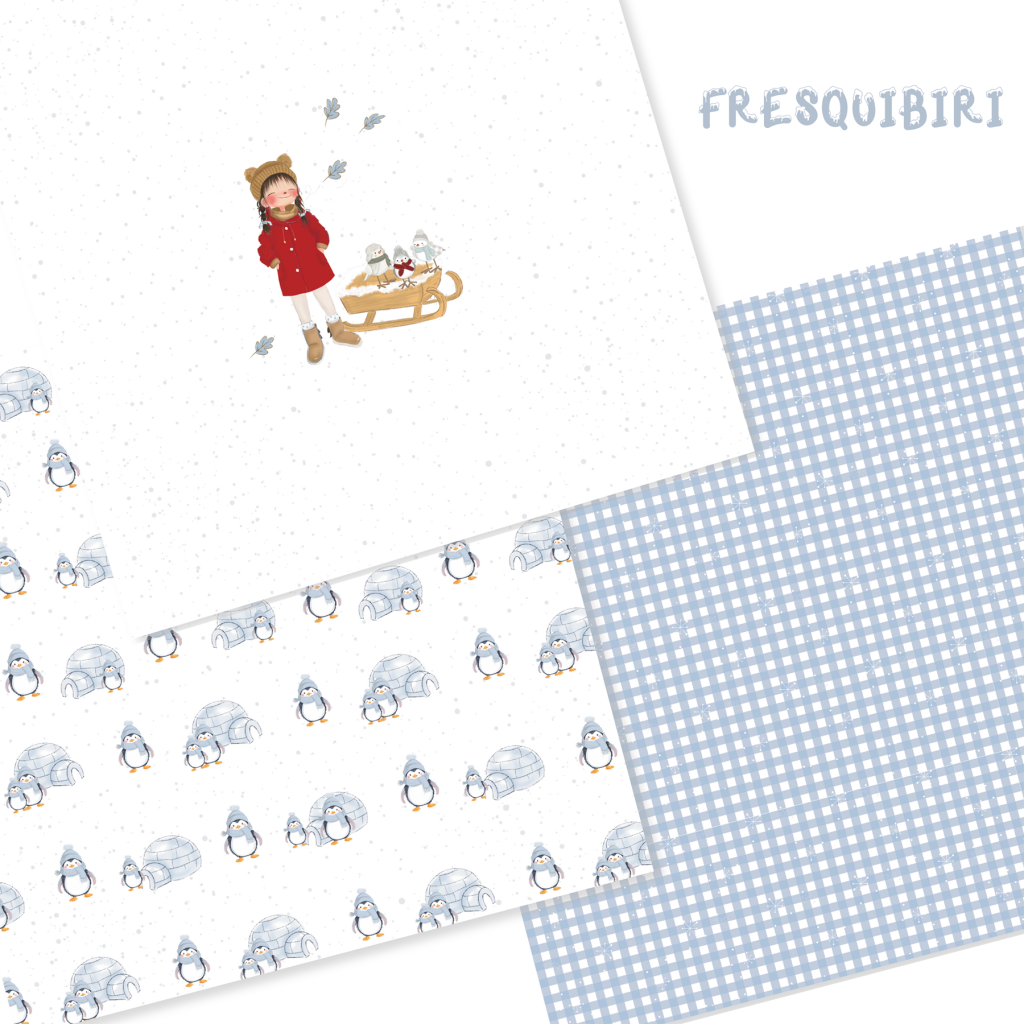 Papéis decorativos infantis com criança, pinguins e padrão xadrez azul
