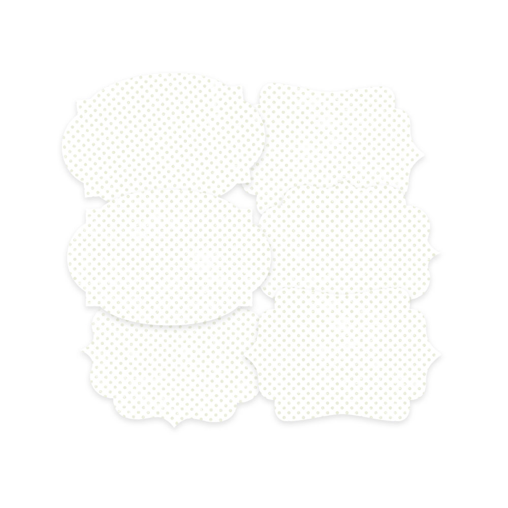 Seis etiquetas de papel branco com pontos cinzentos e bordas irregulares
