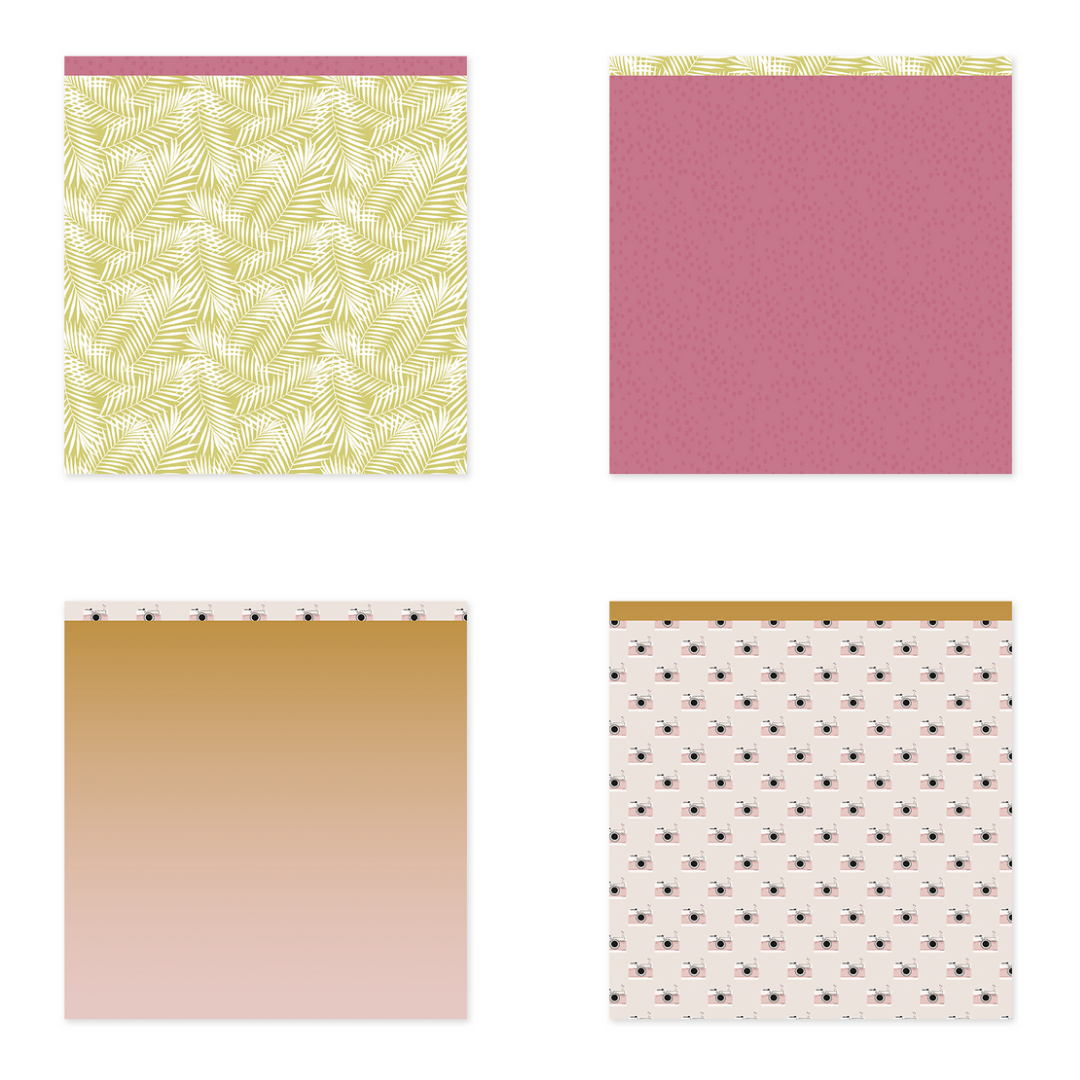 Quatro blocos de notas com diferentes padrões e cores, incluindo folhas, pontos, gradiente e abelhas.