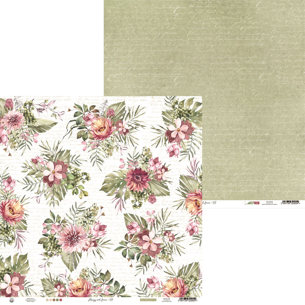 Papel decorativo com flores rosas e fundo branco de um lado e padrão de escrita verde claro do outro