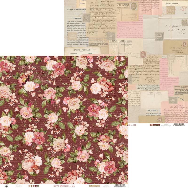 Papéis decorativos com padrão floral e padrão de texto vintage.