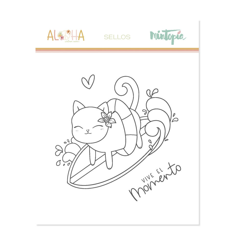 Carimbo com gato a surfar e texto Vive el momento