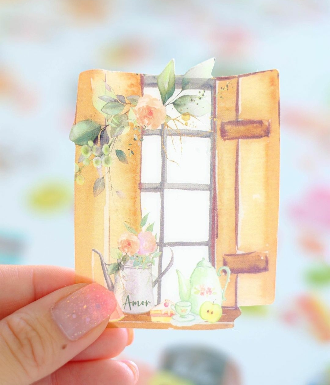 Autocolante decorativo janela amarela com flores e utensílios de chá