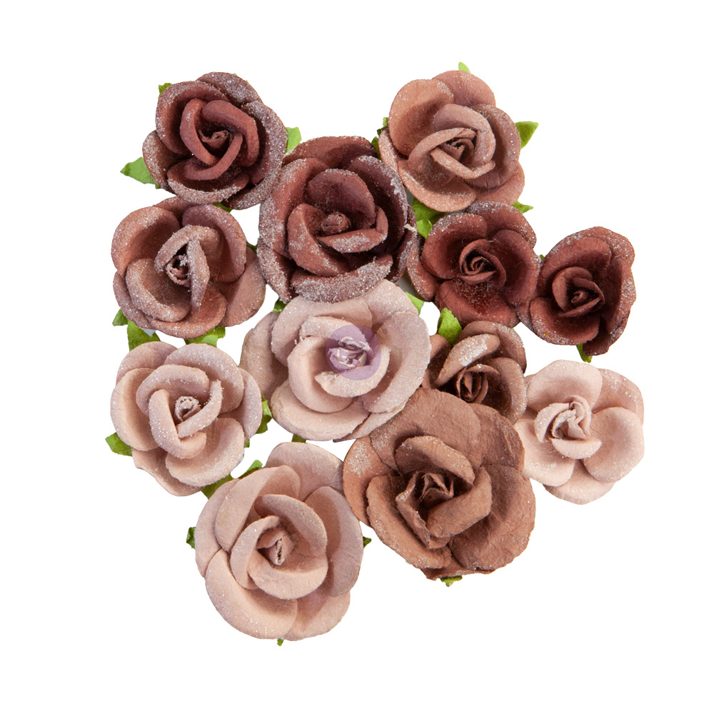 Flores artificiais rosa e bege com folhas verdes